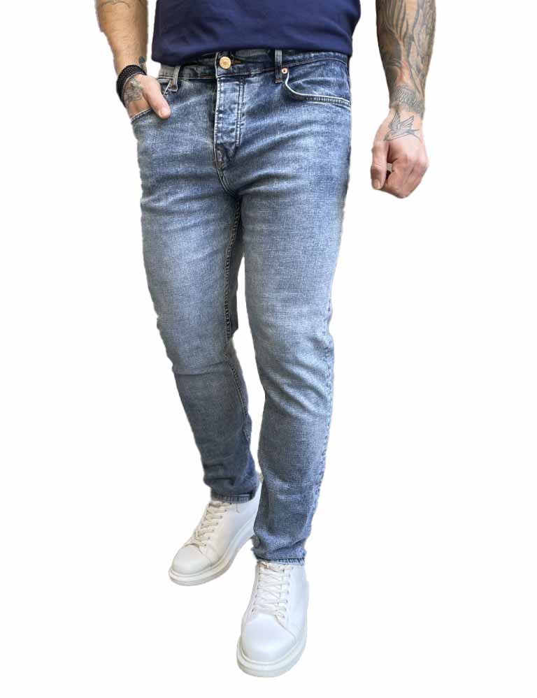 Ανδρικό μπλε χλώριο πεντάτσεπο τζιν παντελόνι ίσιο με κουμπιά 3LN1104 φωτογραφία